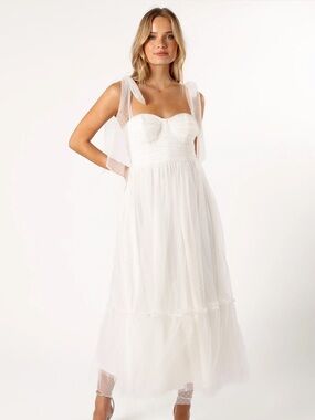 Petal & Pup Floret White Dotted Tulle Midi Dress with Bow Straps